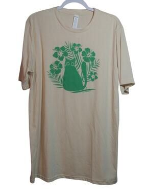 Cat Lady Boxy T-Shirt with Green Hibiscus Floral Cat Graphic Size XL